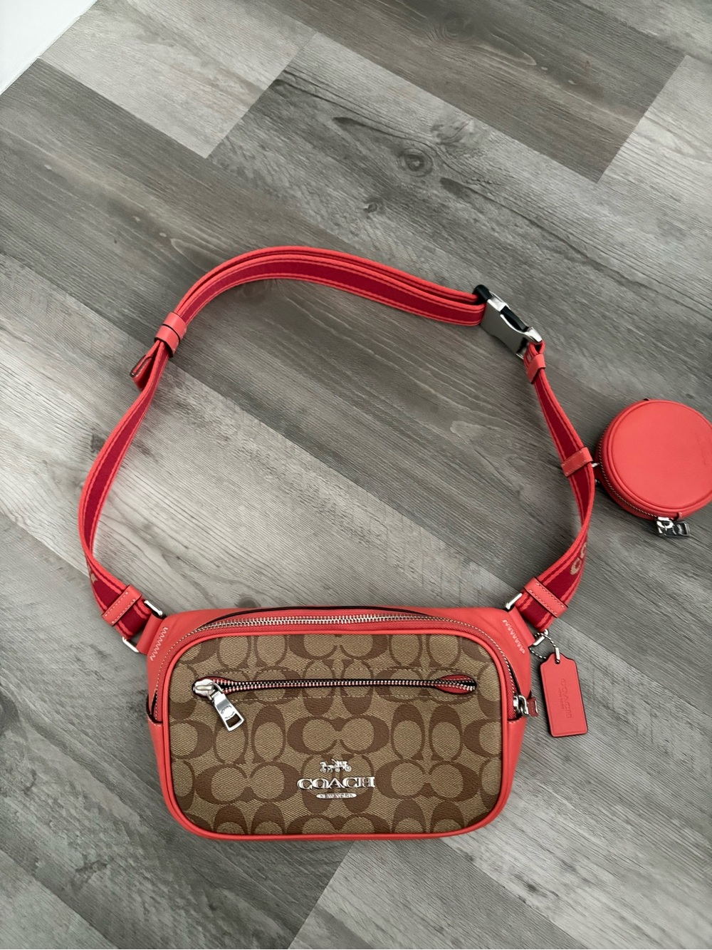 Coach Brown Signature Canvas Belt Bag with Coral Trim